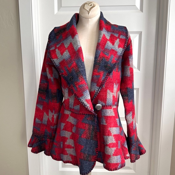 VTG Rhonda Stark Western Indian Blanket Jacket Womens Concho Flounce Aztec Wool - Picture 2 of 12